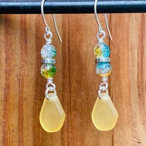 Yellow Sea Glass Dangle Czech Beaded Earrings